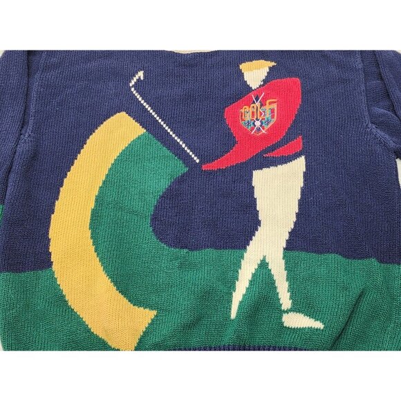 Vtg Par Four Mens Embroiderd Golf Golfer Cableknit Sweater Blue Green Size Lg - Picture 2 of 7